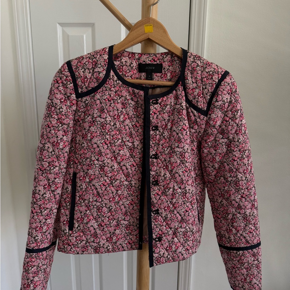 J. Crew Pink Floral Jacket with Black Trim
